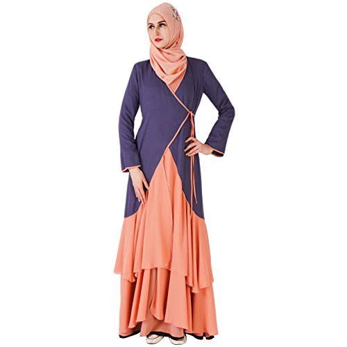 YuanDian Musulmana Vestidos Largos Islámica Mujeres Ropa Elegante Manga Larga Vestidos Musulmán Maxi Abaya Vestido Color Sólido Volantes Vestido Azul Gris más Naranja L