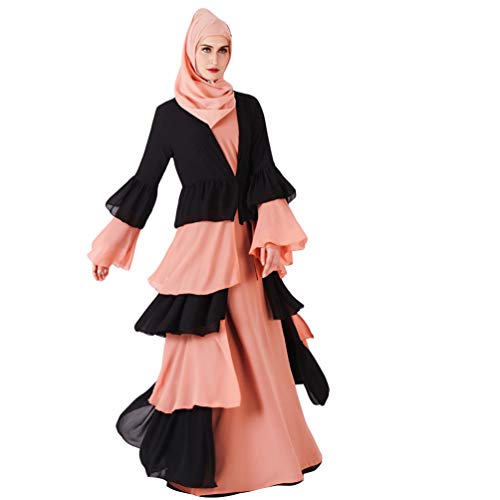 YuanDian Musulmana Vestidos Largos Islámica Mujeres Ropa Elegante Manga Larga Vestidos Musulmán Maxi Abaya Vestido Cuello En V Color Sólido Gasa Vestido Negro más Naranja S