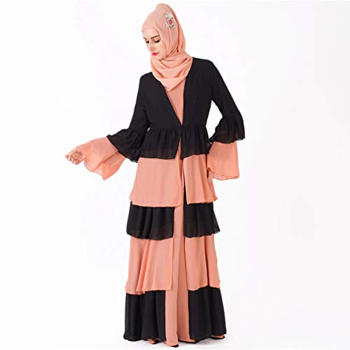 YuanDian Musulmana Vestidos Largos Islámica Mujeres Ropa Elegante Manga Larga Vestidos Musulmán Maxi Abaya Vestido Cuello En V Color Sólido Gasa Vestido Negro más Naranja S