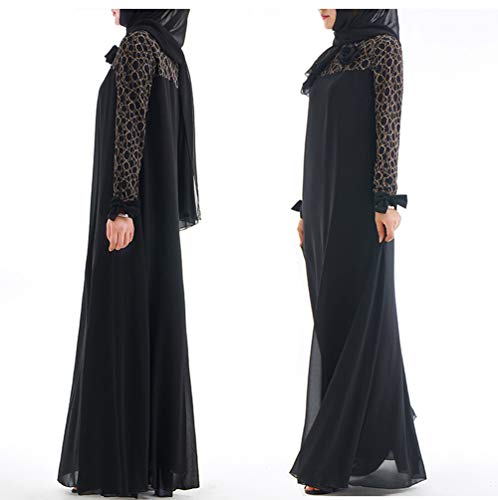 YuanDian Musulmana Vestidos Largos Islámica Mujeres Ropa Elegante Manga Larga Vestidos Musulmán Maxi Abaya Vestido Cuello Redondo Color Sólido Vestido De Gasa Negro 2XL