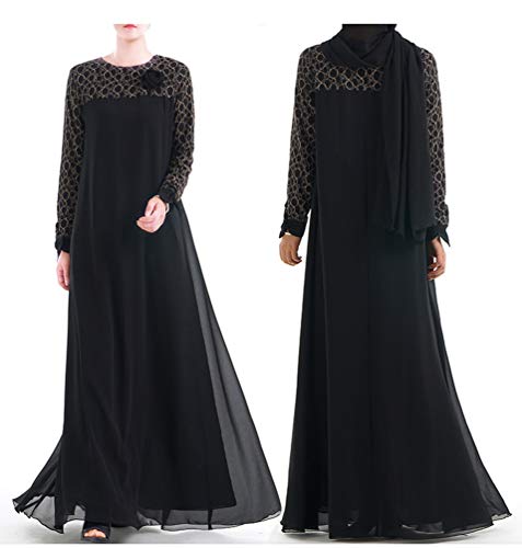 YuanDian Musulmana Vestidos Largos Islámica Mujeres Ropa Elegante Manga Larga Vestidos Musulmán Maxi Abaya Vestido Cuello Redondo Color Sólido Vestido De Gasa Negro 2XL
