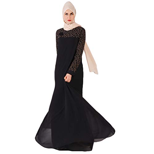 YuanDian Musulmana Vestidos Largos Islámica Mujeres Ropa Elegante Manga Larga Vestidos Musulmán Maxi Abaya Vestido Cuello Redondo Color Sólido Vestido De Gasa Negro 2XL