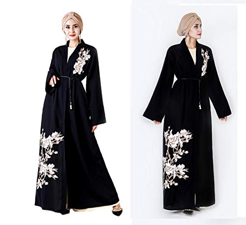 YuanDian Musulmana Vestidos Largos Islámica Mujeres Ropa Elegante Manga Larga Vestidos Musulmán Maxi Abaya Vestido Rebeca Cintura Alta Bordado Vestido Negro L