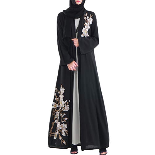 YuanDian Musulmana Vestidos Largos Islámica Mujeres Ropa Elegante Manga Larga Vestidos Musulmán Maxi Abaya Vestido Rebeca Cintura Alta Bordado Vestido Negro L