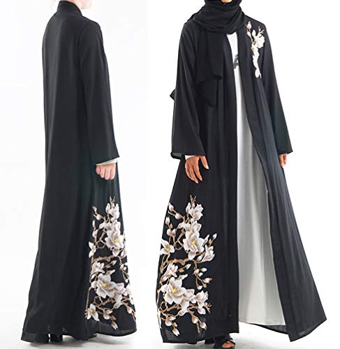 YuanDian Musulmana Vestidos Largos Islámica Mujeres Ropa Elegante Manga Larga Vestidos Musulmán Maxi Abaya Vestido Rebeca Cintura Alta Bordado Vestido Negro L