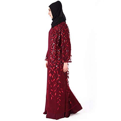 YuanDian Musulmana Vestidos Largos Islámica Mujeres Ropa Elegante Manga Larga Vestidos Musulmán Maxi Abaya Vestido Rebeca Lentejuelas Bordado Vestido Sin Ropa Interior Azufaifa Roja L
