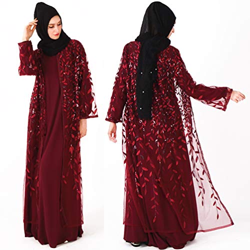 YuanDian Musulmana Vestidos Largos Islámica Mujeres Ropa Elegante Manga Larga Vestidos Musulmán Maxi Abaya Vestido Rebeca Lentejuelas Bordado Vestido Sin Ropa Interior Azufaifa Roja L