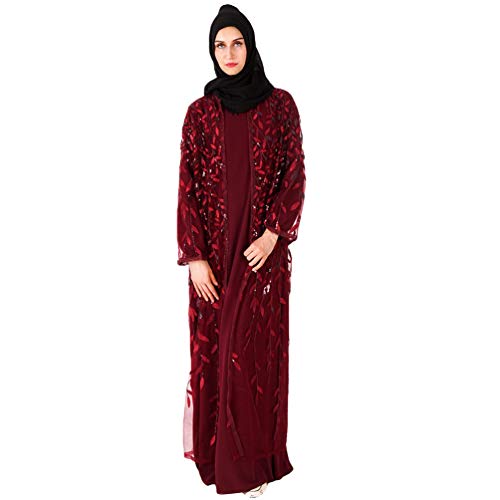 YuanDian Musulmana Vestidos Largos Islámica Mujeres Ropa Elegante Manga Larga Vestidos Musulmán Maxi Abaya Vestido Rebeca Lentejuelas Bordado Vestido Sin Ropa Interior Azufaifa Roja L