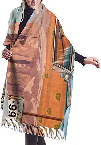 Yuanmeiju Cactus turístico Vintage Arizona Viaje por carretera Garaje Deportes Recreación Coche Retro Mujeres elegantes Borlas cálidas Bufanda suave Invierno Manta grande Abrigo Mantón