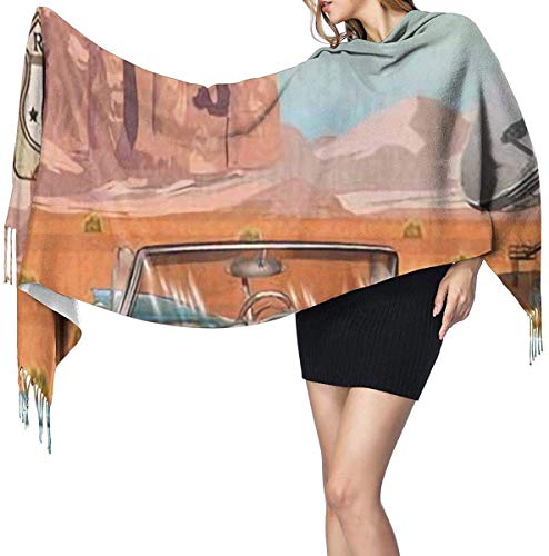 Yuanmeiju Cactus turístico Vintage Arizona Viaje por carretera Garaje Deportes Recreación Coche Retro Mujeres elegantes Borlas cálidas Bufanda suave Invierno Manta grande Abrigo Mantón