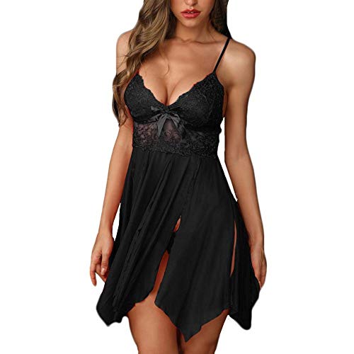 YUHOOE Mujer Lencería Sexy,Sexy Plus Size Ropa de Dormir Mujeres Encaje Sólido Lazo Perspectiva Camisón Lencería Ropa de Dormir Batas G-String Femme Negro, XXL
