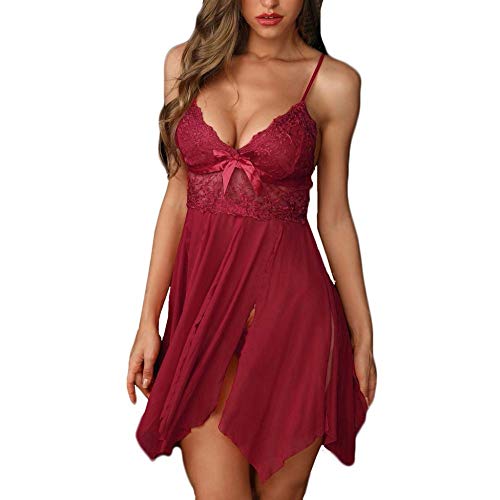 YUHOOE Mujer Lencería Sexy,Sexy Plus Size Ropa de Dormir Mujeres Encaje Sólido Lazo Perspectiva Camisón Lencería Ropa de Dormir Batas G-String Femme Rojo, XL