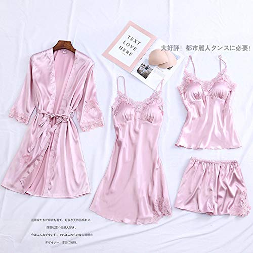 YUHOOE Pijama Seda Mujer,4 Piezas De Satén Ropa De Dormir Kimono Robe Gown Pijama Femenino Traje Ropa Interior Íntima Casual Novia Dama De Honor Regalo De Boda Camisón Sexy Rosa, XXL