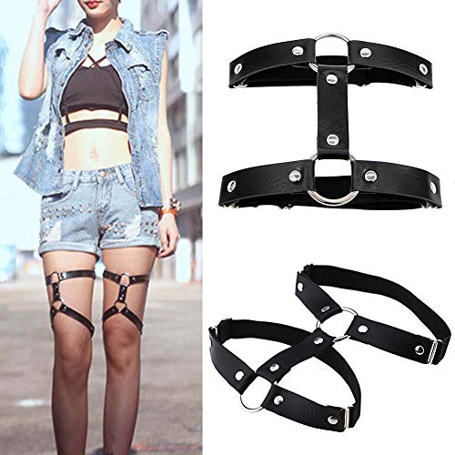 YUIP Liga de Anillo Gótico Punk, Cuero Sintético Punk, Liguero Doble, Cuero de Niña de Mujer, Clips Antideslizantes Estilo Rock Elásticos, con Clips de Metal Disfraces de Cosplay Cool