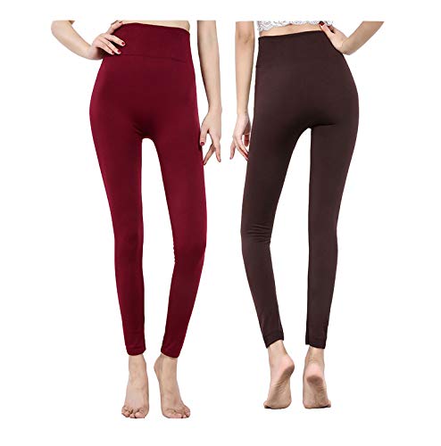 Yulaixuan Mujer 2 Pares Medias Opacas térmicas de Talla Grande Pantimedias Forradas de vellón de Invierno Cintura Alta Gruesa Pantalones cálidos Leggings sin pies sin (Vino Tinto y Cafe, Talla Extra)