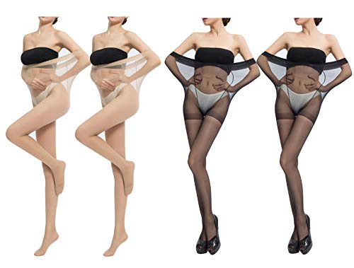 Yulaixuan Mujeres 3 pares Medias de talla grande 15 Denier Run Leggings resistentes Control Medias superiores Medias transparentes (2 negros y 2 desnudos, XX-grande)