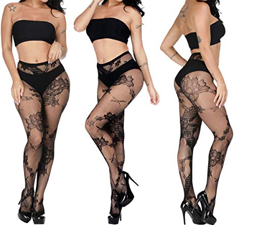 Yulaixuan Mujeres 4 pares Medias de red de cintura alta Encaje Ahueca hacia fuera Medias estampadas Agujero de malla transparente Medias (Grupo uno)