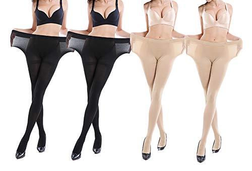 Yulaixuan pantimedias para mujer 4 pares control superior medias 15 Denier medias largas leggings reforzados (talla grande 2 piel y 2 negro)