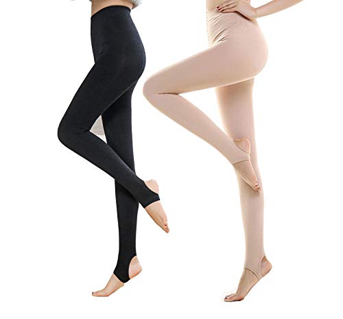 Yulaixuan para mujer 2 pares de medias 120 Denier Pisotear pies Pantimedias opacas reforzadas color desnudo sin pies Leggings de estribo (Medias 1 piel 1 negro)