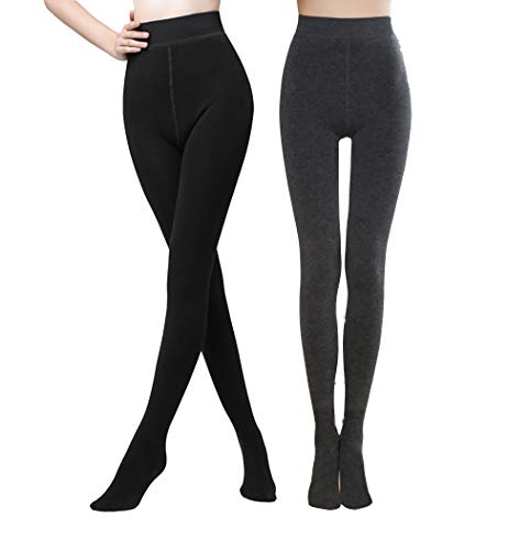 Yulaixuan para mujer 2 pares de pantalones de algodón opaco cálido Medias de sujeción gruesas Pantimedias adelgazantes Medias con pie (negro y gris)