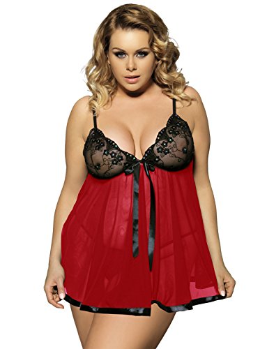 Yummy Bee - Picardias Mujer Sexy - Ropa Interior Conjuntos - Lencería Babydoll Encaje - Talla Grande(Rojo Negro, 56)