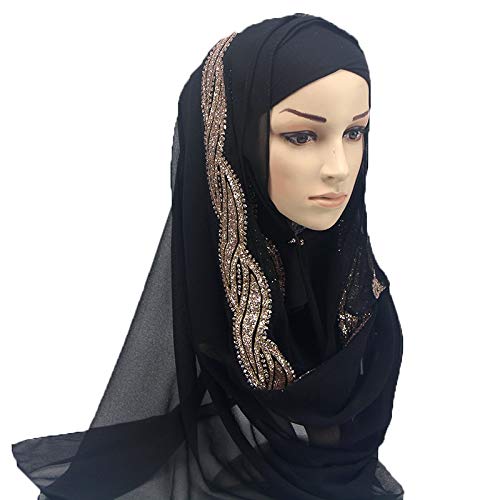 YUNYUN 1 Pieza Mujer Color sólido Lentejuelas Brillantes   Gasa Seda Populares chales silenciador Diadema Hijab Verano musulmán Bufandas/Bufanda-Beige