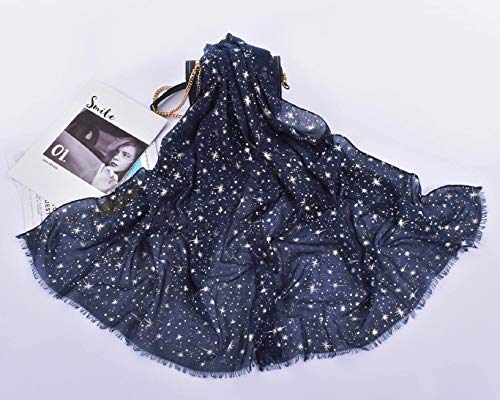Yuson Girl Bufanda Mujer Elegante Chal Negro Estola Pelo de Gasa Transparente Pañuelo Con patrones de estrellas y luna bronceado y estampado plateado 70 * 180cm