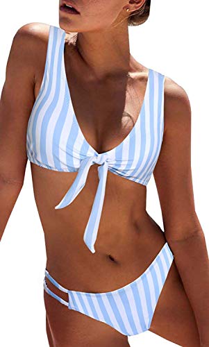 Yuson Girl Conjunto de bikini de cintura alta para mujer con diseño de rayas y parte superior acolchada, sujetador de 2 piezas, anudado, traje de baño recortado, traje de baño para mujer