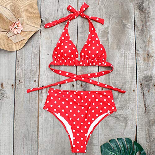 Yuson Girl - Conjunto de bikini push up, sexy, cuello en V, bañador de natación, 2 piezas, cintura alta, espalda desnuda, halterneck, sujetador acolchado, triángulo Con lunares rojos L