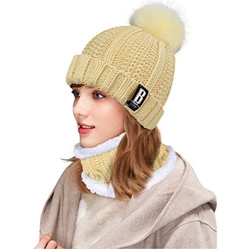 Yuson Girl Conjunto de gorro y bufanda de punto, forro polar de invierno, forro de lana Beanie Hat, calentadores de cuello para mujeres (Caqui)