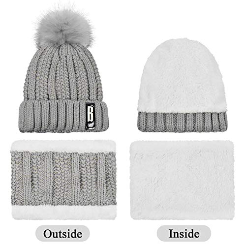 Yuson Girl Conjunto de gorro y bufanda de punto, forro polar de invierno, forro de lana Beanie Hat, calentadores de cuello para mujeres (Gris)