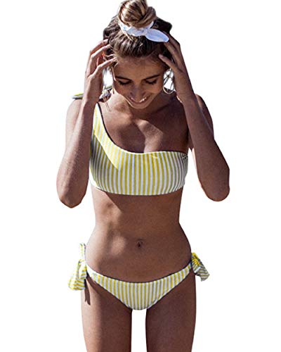 Yuson Girl Conjuntos De Bikini Rayas Talle Alto Retro Brasileños Mujer Sexy Traje De Baño Cuello Halter Strapless Off Shoulder Bra Top Bikini Push Up Anudado Tanga Braga Bikini Triangulo Alta