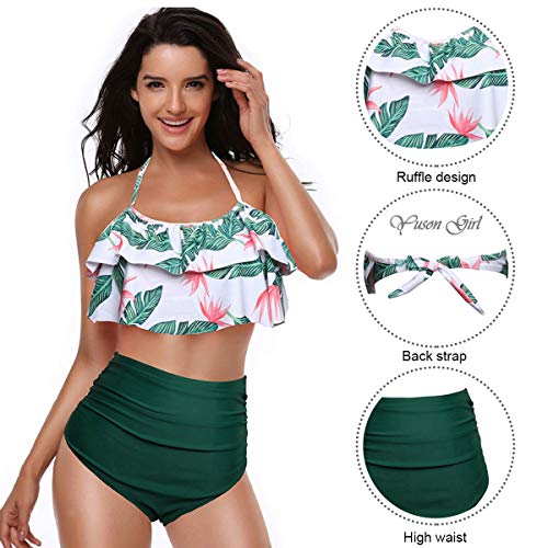 Yuson Girl Mujer Conjunto De Frill Bikini Tiras Talle Alto Tallas Grandes Sexy Traje De Baño Cuello Halter Vintage Vientre Plano con Volantes Top Bikini Push Up Flores Braga Triangulo Alta