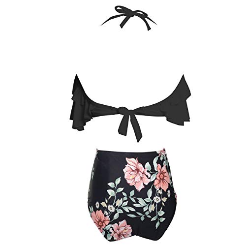 Yuson Girl Mujer Conjunto De Frill Bikini Tiras Talle Alto Tallas Grandes Sexy Traje De Baño Cuello Halter Vintage Vientre Plano con Volantes Top Bikini Push Up Flores Braga Triangulo Alta