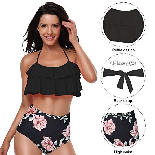 Yuson Girl Mujer Conjunto De Frill Bikini Tiras Talle Alto Tallas Grandes Sexy Traje De Baño Cuello Halter Vintage Vientre Plano con Volantes Top Bikini Push Up Flores Braga Triangulo Alta