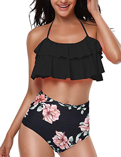 Yuson Girl Mujer Conjunto De Frill Bikini Tiras Talle Alto Tallas Grandes Sexy Traje De Baño Cuello Halter Vintage Vientre Plano con Volantes Top Bikini Push Up Flores Braga Triangulo Alta