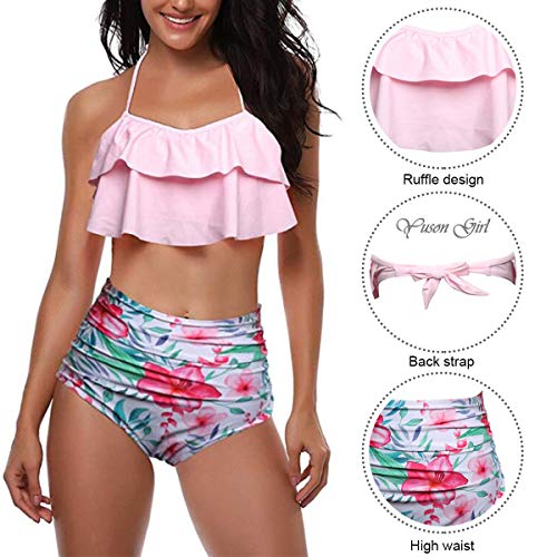 Yuson Girl Mujer Conjunto De Frill Bikini Tiras Talle Alto Tallas Grandes Sexy Traje De Baño Cuello Halter Vintage Vientre Plano con Volantes Top Bikini Push Up Flores Braga Triangulo Alta