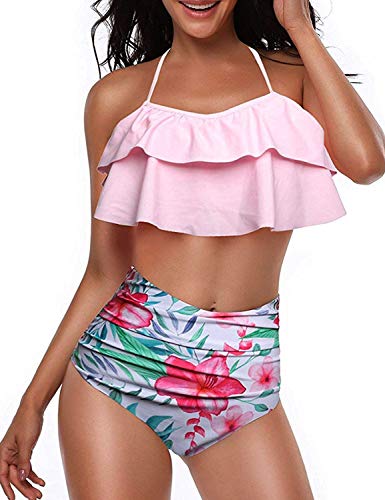 Yuson Girl Mujer Conjunto De Frill Bikini Tiras Talle Alto Tallas Grandes Sexy Traje De Baño Cuello Halter Vintage Vientre Plano con Volantes Top Bikini Push Up Flores Braga Triangulo Alta