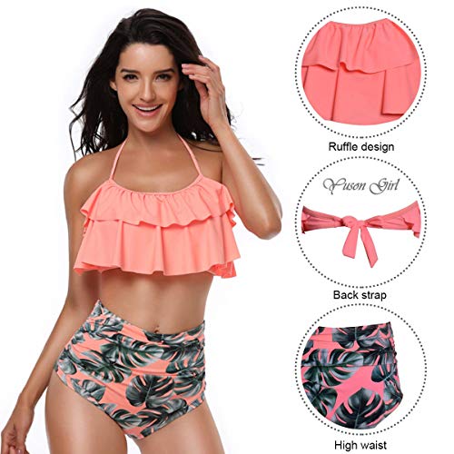 Yuson Girl Mujer Conjunto De Frill Bikini Tiras Talle Alto Tallas Grandes Sexy Traje De Baño Cuello Halter Vintage Vientre Plano con Volantes Top Bikini Push Up Flores Braga Triangulo Alta
