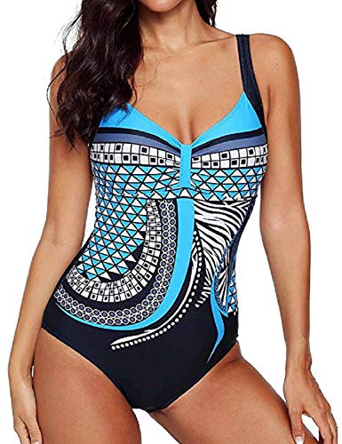 Yuson Girl Mujer Sexy Trajes De Baño Monokini Enterizo Dama Tribal De Cuello Halter Talle Alto Vintage Trajes De Baño Push Up Escote v Backless Padded Bra Crop Top Tiras Triangulo Inferior Alto