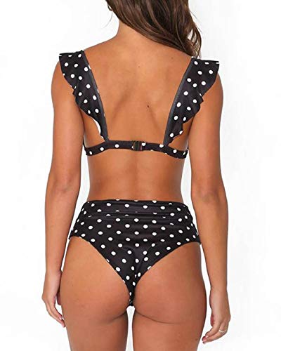 Yuson Girl Sexy Raya Trajes de Baño Dos Piezas para Mujer Lindo Bikinis Sets Push Up Bañadores Brasileños Acolchado Bra Hoja de Loto Cintura Alta Punto de Onda Tirantes Volantes (Negro, M)