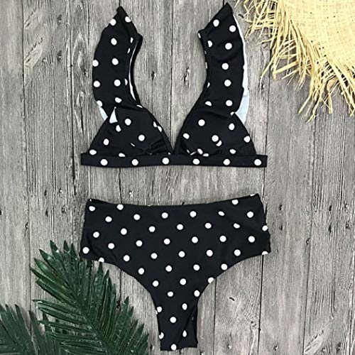 Yuson Girl Sexy Raya Trajes de Baño Dos Piezas para Mujer Lindo Bikinis Sets Push Up Bañadores Brasileños Acolchado Bra Hoja de Loto Cintura Alta Punto de Onda Tirantes Volantes (Negro, M)