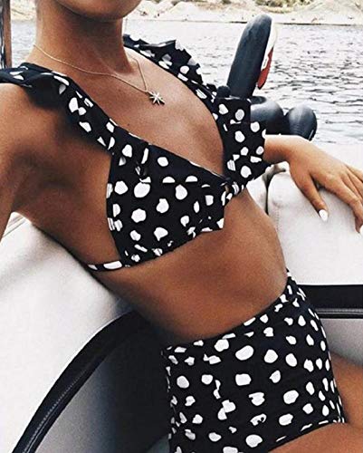 Yuson Girl Sexy Raya Trajes de Baño Dos Piezas para Mujer Lindo Bikinis Sets Push Up Bañadores Brasileños Acolchado Bra Hoja de Loto Cintura Alta Punto de Onda Tirantes Volantes (Negro, M)