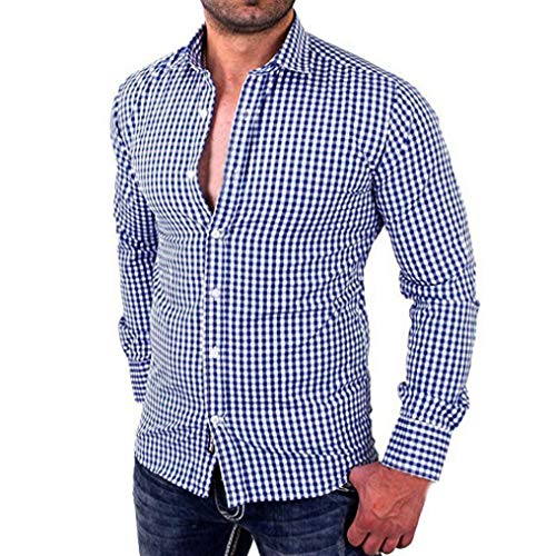 Yvelands Camisa de Moda de los Hombres Casual Plaid Slim Fit Business Camisas de Manga Larga Camiseta Blusa Top Jacket Coat Outwear Invierno de otoño, Liquidación Barato! (Azul, M)