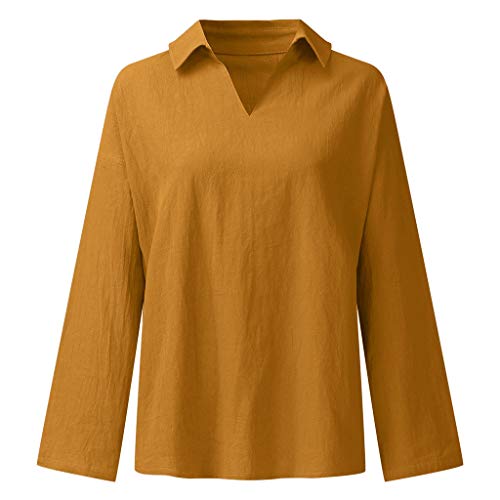 Yvelands Mujeres Top Casual Blusa de algodón sólido Camiseta de Manga Larga Camiseta Suelta
