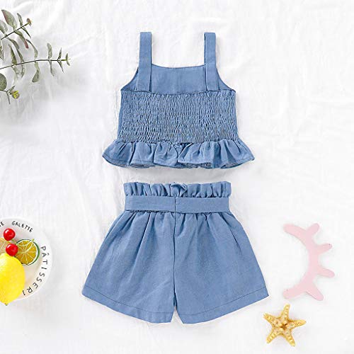 YWLINK Conjunto Bebé NiñAs Verano Mezcla De AlgodóN Sleeveless Plisada Sling Top Camiseta Manga Corta + Arco Pantalones Conjunto Moda Casual Lindo Regalo De CumpleañOs Fiesta(Azul,12-18 meses/90)