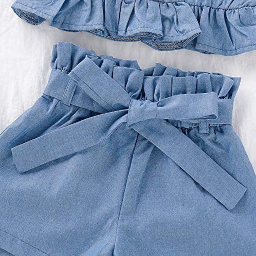 YWLINK Conjunto Bebé NiñAs Verano Mezcla De AlgodóN Sleeveless Plisada Sling Top Camiseta Manga Corta + Arco Pantalones Conjunto Moda Casual Lindo Regalo De CumpleañOs Fiesta(Azul,12-18 meses/90)