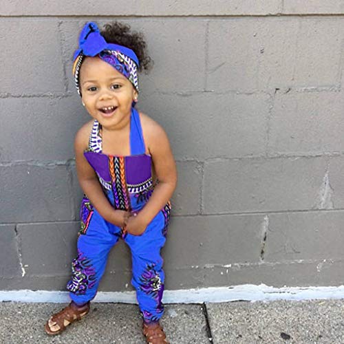 YWLINK Conjuntos NiñA,Verano Mezcla De AlgodóN Sin Posicionamiento De ImpresióN Estilo Nacional Ropa Infantil del Mono del Mameluco del Estampado Africano Sin Mangas+Banda De Pelo(Azul,4-5 años/110)