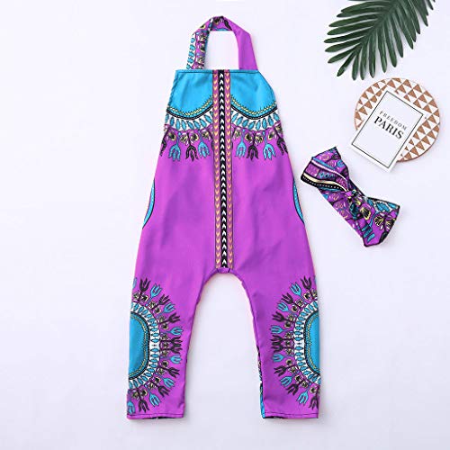 YWLINK Conjuntos NiñA,Verano Sin Posicionamiento De ImpresióN Estilo Nacional Ropa Infantil del Mono del Mameluco del Estampado Africano Sin Mangas+Banda De Pelo (Púrpura,6-7 años/130)