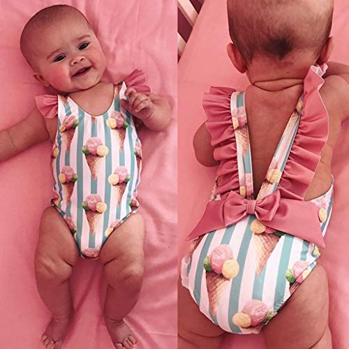 YWLINK Traje De BañO Bebé NiñO NiñA Bikini con Estampado De Rayas De Helado De Dibujos Animados Ropa De Playa Mono con Volantes Y Lazo Sin Mangas Nadar/BañArse/Aguas Termales(Rosado,6-12 Meses)